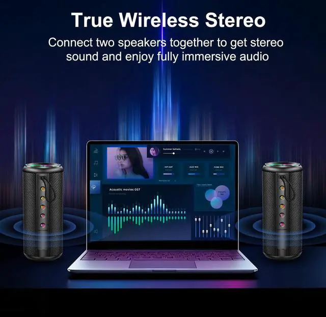 Alt view image 5 of 7 - Portable Bluetooth Speaker, Bluetooth 5.4 Wireless Speaker with 20W HD Loud Stereo Sound, 15H Playtime, IP7 Waterproof, LED Lights, TWS Pairing, Built-in Mic, for Outdoor, Home, Party, Beach, Gift