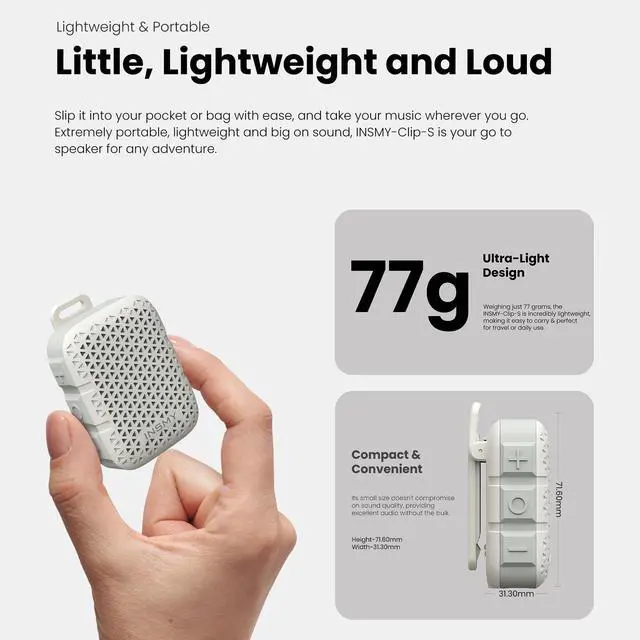 Alt view image 5 of 7 - INSMY Wearable Bluetooth Speakers,IP67 Waterproof,Clip-On Portable Small Personal Speaker/Clean Sound/Stereo Pair/Wireless 5.4/ENC Built-in Mic/Lightweight for Outdoor Golf Work Pool (White)