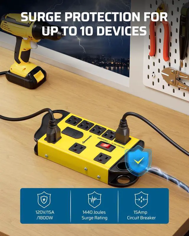 Alt view image 2 of 7 - DEWENWILS 8-Outlet Industrial Power Strip with 2 USB Ports, 1440J Metal Surge Protector, 14AWG 6FT Heavy Duty Extension Cord, Wall Mountable for Garage and Workshop, Yellow