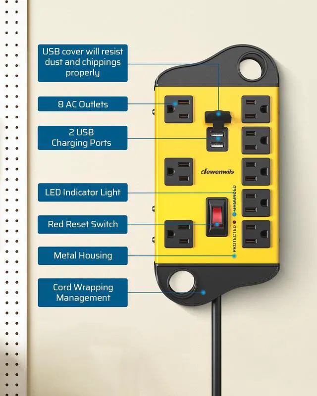 Alt view image 3 of 7 - DEWENWILS 8-Outlet Industrial Power Strip with 2 USB Ports, 1440J Metal Surge Protector, 14AWG 6FT Heavy Duty Extension Cord, Wall Mountable for Garage and Workshop, Yellow