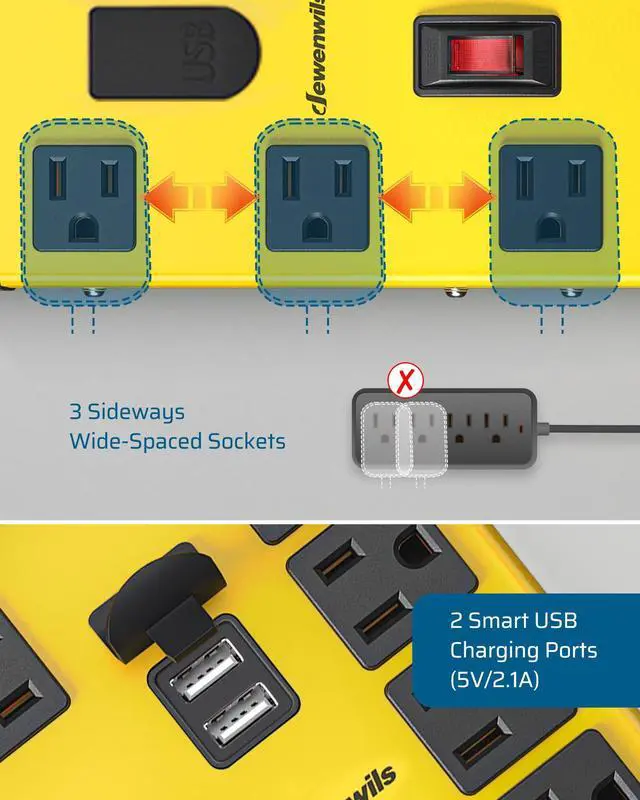 Alt view image 4 of 7 - DEWENWILS 8-Outlet Industrial Power Strip with 2 USB Ports, 1440J Metal Surge Protector, 14AWG 6FT Heavy Duty Extension Cord, Wall Mountable for Garage and Workshop, Yellow