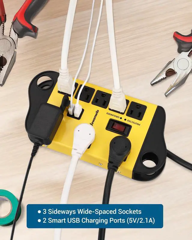 Alt view image 5 of 7 - DEWENWILS 8-Outlet Industrial Power Strip with 2 USB Ports, 1440J Metal Surge Protector, 14AWG 6FT Heavy Duty Extension Cord, Wall Mountable for Garage and Workshop, Yellow