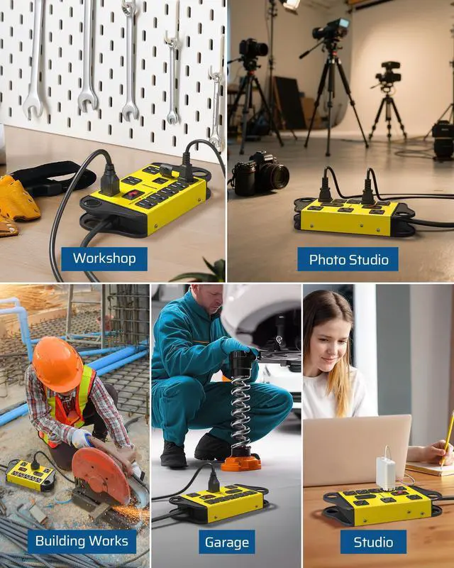 Alt view image 6 of 7 - DEWENWILS 8-Outlet Industrial Power Strip with 2 USB Ports, 1440J Metal Surge Protector, 14AWG 6FT Heavy Duty Extension Cord, Wall Mountable for Garage and Workshop, Yellow