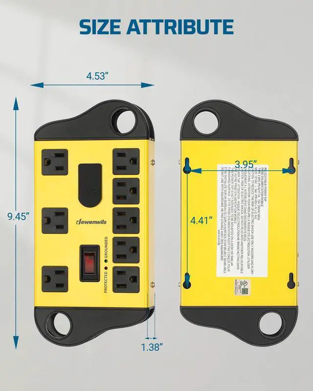 Alt view image 7 of 7 - DEWENWILS 8-Outlet Industrial Power Strip with 2 USB Ports, 1440J Metal Surge Protector, 14AWG 6FT Heavy Duty Extension Cord, Wall Mountable for Garage and Workshop, Yellow