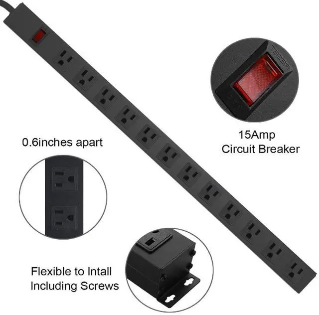 Alt view image 3 of 7 - Metal Wall Mount Power Strip, Mountable Power Outlet with 12 AC Outlets, Aluminum Alloy Mount Power Socket with Switch, 6 FT SJT 3/C 14AWG Power Cord, 15A 125V 1875W (12AC) Black