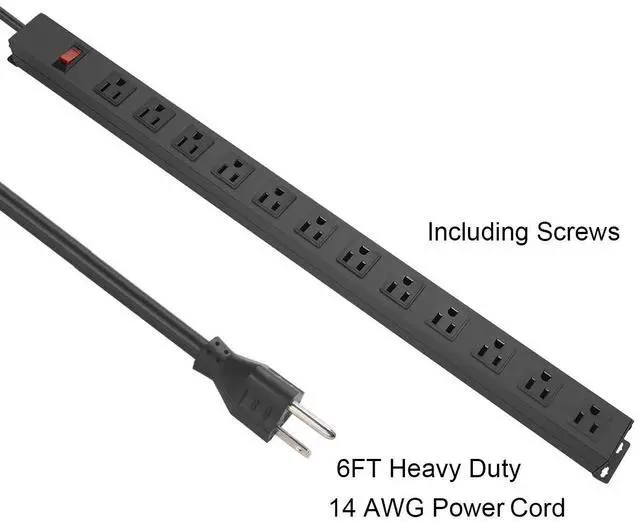 Alt view image 4 of 7 - Metal Wall Mount Power Strip, Mountable Power Outlet with 12 AC Outlets, Aluminum Alloy Mount Power Socket with Switch, 6 FT SJT 3/C 14AWG Power Cord, 15A 125V 1875W (12AC) Black