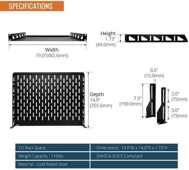 Alt view image 2 of 7 - Tecmojo 1U Rack Shelf, 14 inch Depth, Anti-Slip Stops, Server & Network Shelf for 19 in Equipments, 110lbs Vented Capacity, No Lip (2 Pack)