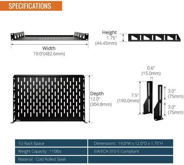 Alt view image 2 of 7 - Tecmojo 1U Rack Shelf,19 inch Rack Shelf 12 inch Depth,Rack Mount Shelf with Anti-Slip Stops,Server Rack Shelf and Network Shelf for 19 in Equipments, 110lbs Capacity of Vented 1U Shelf,No Lip(2 Pack)