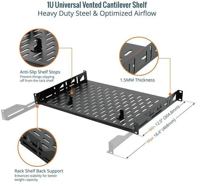 Alt view image 3 of 7 - Tecmojo 1U Rack Shelf,19 inch Rack Shelf 12 inch Depth,Rack Mount Shelf with Anti-Slip Stops,Server Rack Shelf and Network Shelf for 19 in Equipments, 110lbs Capacity of Vented 1U Shelf,No Lip(2 Pack)