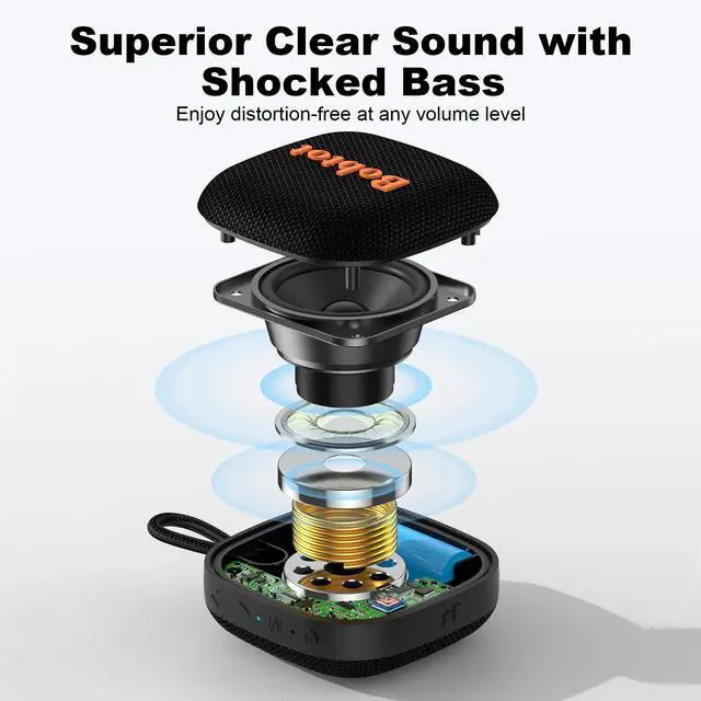 Alt view image 2 of 7 - Bobtot Portable Bluetooth Speakers, Wireless IPX7 Waterproof Mini Speaker with 16H Playtime, Loud Stereo Sound, TWS, Built-in Microphone, Small Size with Lanyard, Black