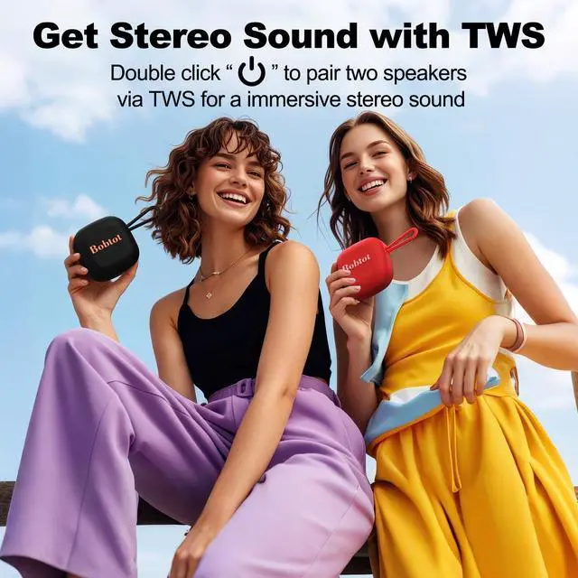 Alt view image 6 of 7 - Bobtot Portable Bluetooth Speakers, Wireless IPX7 Waterproof Mini Speaker with 16H Playtime, Loud Stereo Sound, TWS, Built-in Microphone, Small Size with Lanyard, Black