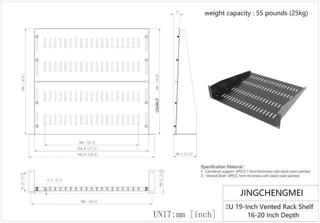 Alt view image 5 of 7 - JINGCHENGMEI 2U Vented Server Rack Shelf- Deep Adjustable Universal Rack Mount Cantilever Tray for 19" Network Equipment Rack & Cabinet,16 inches Deep, Black (2U16Inch)