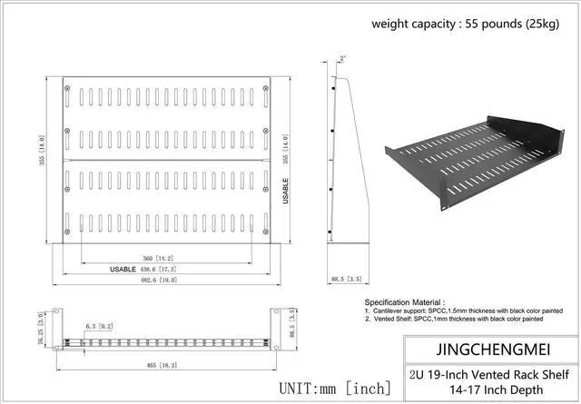 Alt view image 5 of 7 - JINGCHENGMEI 2U Vented Server Rack Shelf- Deep Adjustable Universal Rack Mount Cantilever Tray for 19" Network Equipment Rack & Cabinet,14-17 inches Deep, Black (2U14Inch)