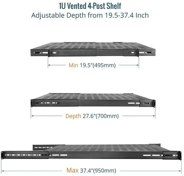Alt view image 3 of 6 - Tecmojo 1U 4-Post Vented Server Rack Mount Shelf,27.6in Deep with Adjustable Depth 19.7-37.4inch,Supports to 242 lbs,Universal Tray for 19 Inch AV/Network Equipment Rack,Black