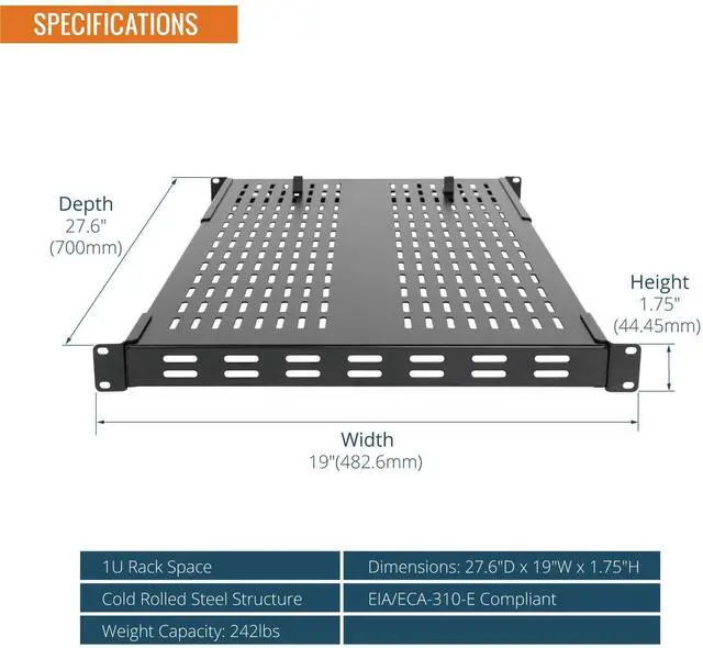 Alt view image 2 of 6 - Tecmojo 1U 4-Post Vented Server Rack Mount Shelf,27.6in Deep with Adjustable Depth 19.7-37.4inch,Supports to 242 lbs,Universal Tray for 19 Inch AV/Network Equipment Rack,Black