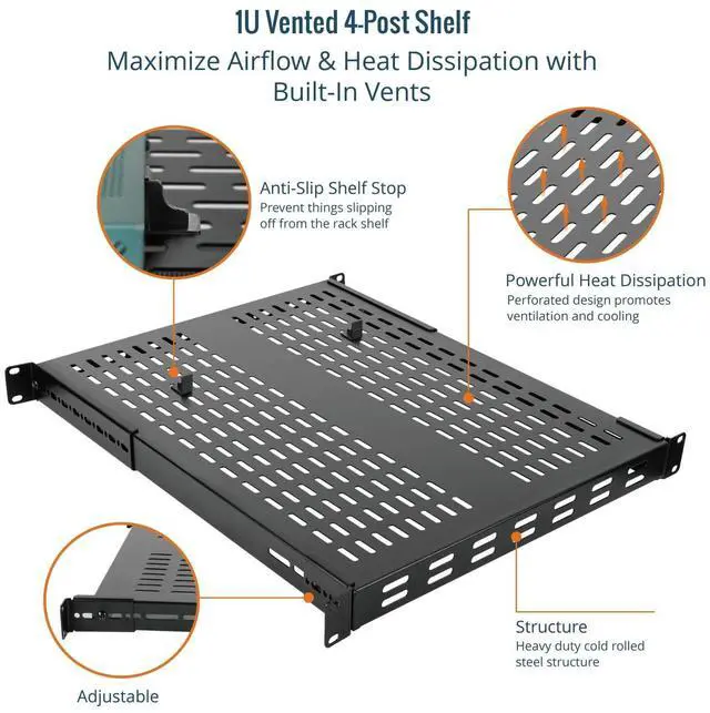 Alt view image 5 of 6 - Tecmojo 1U 4-Post Vented Server Rack Mount Shelf,27.6in Deep with Adjustable Depth 19.7-37.4inch,Supports to 242 lbs,Universal Tray for 19 Inch AV/Network Equipment Rack,Black