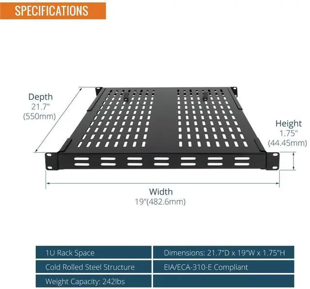 Alt view image 2 of 7 - Tecmojo 1U 4-Post Vented Server Rack Mount Shelf,21.7in Deep with Adjustable Depth 13.5-31.8 Inch,Supports to 242 lbs,Universal Tray for 19 Inch AV/Network Equipment Rack,Black