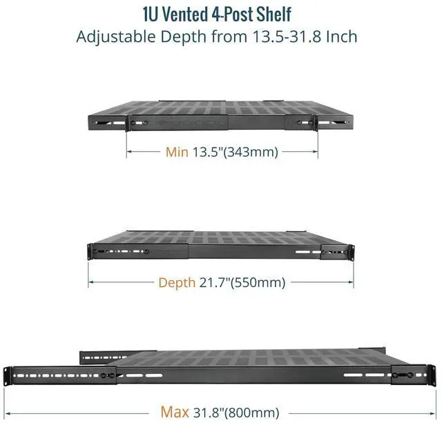 Alt view image 3 of 7 - Tecmojo 1U 4-Post Vented Server Rack Mount Shelf,21.7in Deep with Adjustable Depth 13.5-31.8 Inch,Supports to 242 lbs,Universal Tray for 19 Inch AV/Network Equipment Rack,Black