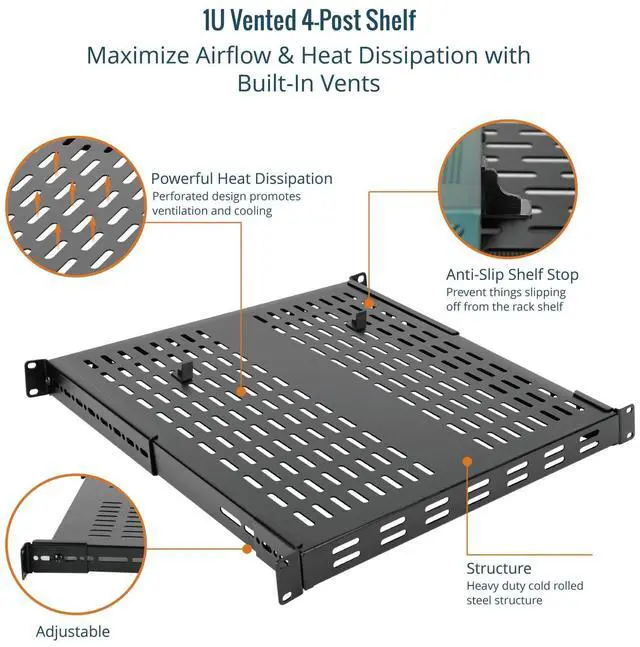 Alt view image 6 of 7 - Tecmojo 1U 4-Post Vented Server Rack Mount Shelf,21.7in Deep with Adjustable Depth 13.5-31.8 Inch,Supports to 242 lbs,Universal Tray for 19 Inch AV/Network Equipment Rack,Black