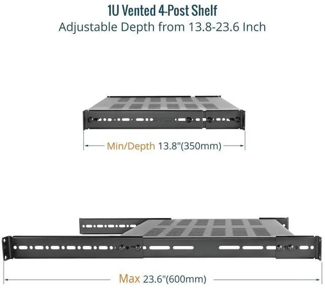 Alt view image 3 of 6 - Tecmojo 1U 4-Post Vented Server Rack Mount Shelf,13.8in Deep with Adjustable Depth 13.8-23.6inch,Supports to 242 lbs,Universal Tray for 19 Inch AV/Network Equipment Rack,Black