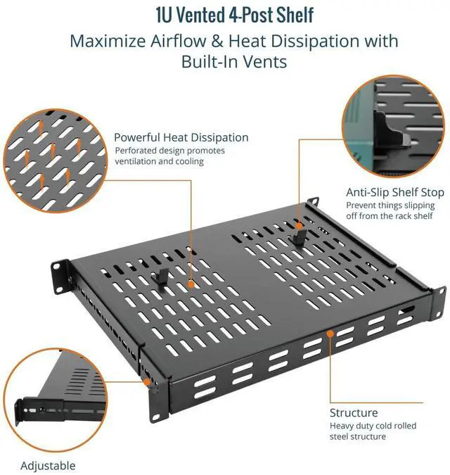 Alt view image 5 of 6 - Tecmojo 1U 4-Post Vented Server Rack Mount Shelf,13.8in Deep with Adjustable Depth 13.8-23.6inch,Supports to 242 lbs,Universal Tray for 19 Inch AV/Network Equipment Rack,Black