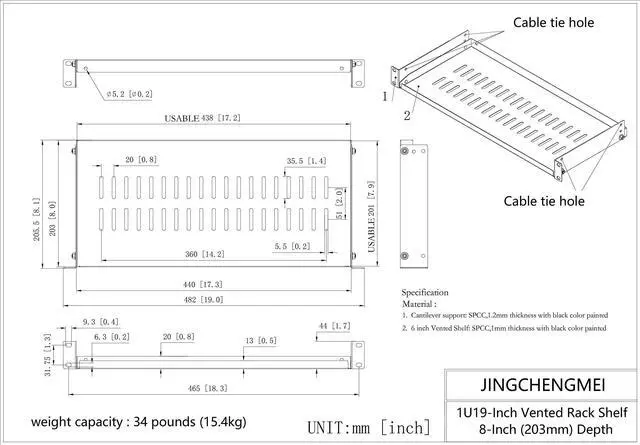 Alt view image 3 of 7 - Jingchengmei 2 Pack of 1U Disassembled Vented Cantilever Server Rack Mount Shelf 8" (203mm) Deep for 19" Network Cabinet or Equipment Rack (8V2PC)