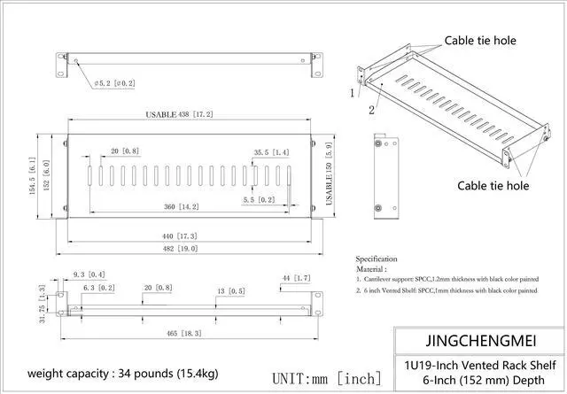 Alt view image 7 of 7 - Jingchengmei 1U Disassembled Vented Cantilever Server Rack Mount Shelf 6"(152mm) Depth for 19-Inch Network/AV Equipment Rack and Cabinet(1U6V)