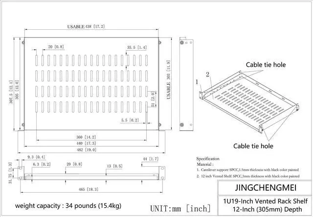 Alt view image 4 of 6 - Jingchengmei 1U Disassembled Vented Cantilever Server Rack Mount Shelf 12"(305mm) Depth for 19-Inch Network/AV Equipment Rack and Cabinet(1U12V)