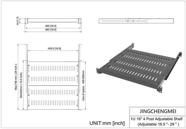 Alt view image 7 of 7 - JINGCHENGMEI 1U Vented 4-Post Adjustable Server Shelf- Universal Tray 16.5-29" Adjustable Mounting Depth for 19 Inch Network Equipment Server Rack or Cabinet, Black
