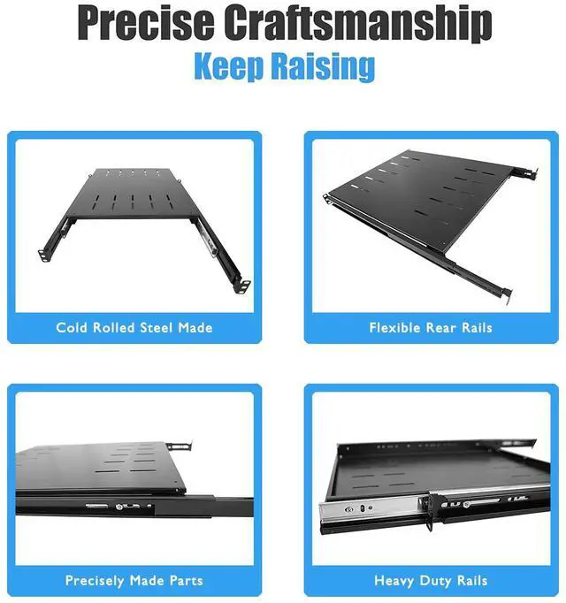Alt view image 4 of 6 - RAISING ELECTRONICS Sliding Fixed Rack Server Shelf 1U 19inch 4 Post Rack Mount-Adjustable 24inch-32inch
