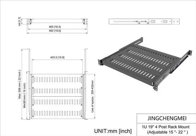 Alt view image 7 of 7 - JINGCHENGMEI 1U Sliding Rack Shelf for 19" Server Rack Mount Cabinet 15"-22" Adjustable Depth 4 Post Rack Mount,Disassembled, Black