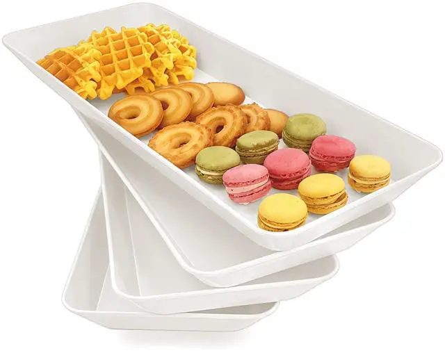 Main image of AMGBZT Serving Tray Platter Rectangle, 4 Pcs Long Narrow Food Tray for Veggie Fruit Snack Dessert, Plastic White Food Trays for Party Supplies Display, Rectangular Platters for Serving Food, BPA Free
