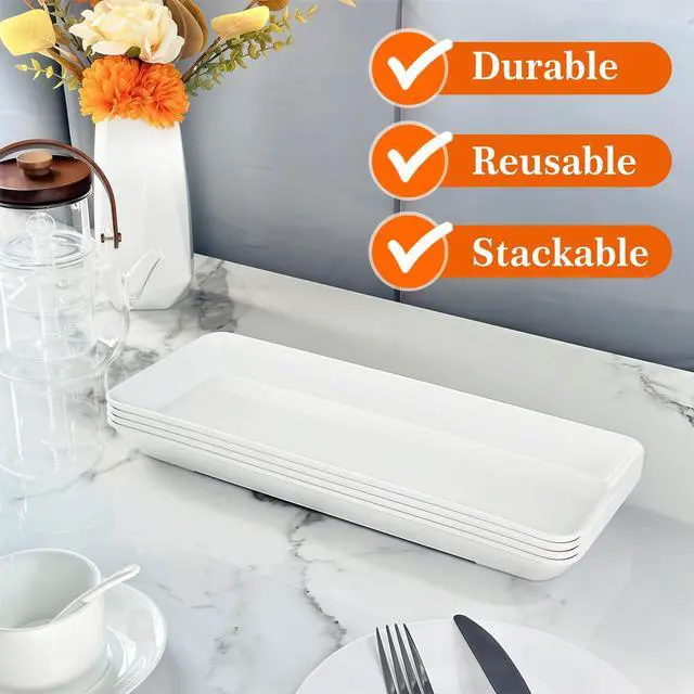 Alt view image 5 of 7 - AMGBZT Serving Tray Platter Rectangle, 4 Pcs Long Narrow Food Tray for Veggie Fruit Snack Dessert, Plastic White Food Trays for Party Supplies Display, Rectangular Platters for Serving Food, BPA Free