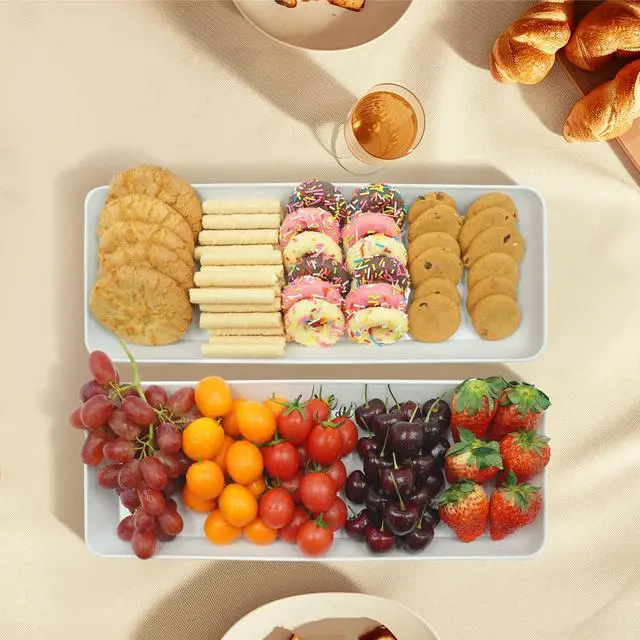 Alt view image 7 of 7 - AMGBZT Serving Tray Platter Rectangle, 4 Pcs Long Narrow Food Tray for Veggie Fruit Snack Dessert, Plastic White Food Trays for Party Supplies Display, Rectangular Platters for Serving Food, BPA Free