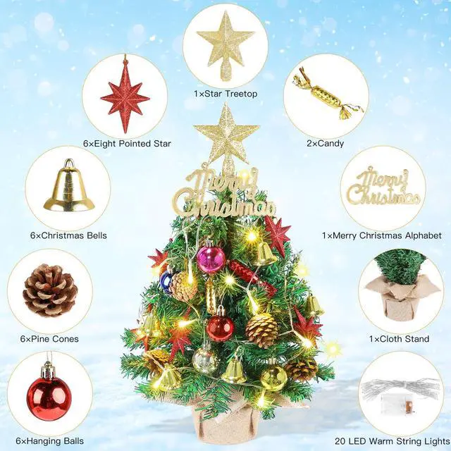 Alt view image 2 of 7 - Tabletop Christmas Tree 21.65 Inch Mini Artificial Christmas Tree with 20 LED String Lights, Star Tree, Pine Cones Ornaments, Small Xmas Tree for Holiday Indoor DIY Christmas Decor
