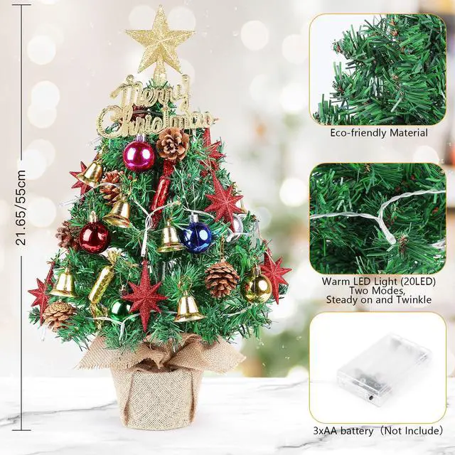 Alt view image 3 of 7 - Tabletop Christmas Tree 21.65 Inch Mini Artificial Christmas Tree with 20 LED String Lights, Star Tree, Pine Cones Ornaments, Small Xmas Tree for Holiday Indoor DIY Christmas Decor