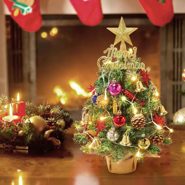 Alt view image 4 of 7 - Tabletop Christmas Tree 21.65 Inch Mini Artificial Christmas Tree with 20 LED String Lights, Star Tree, Pine Cones Ornaments, Small Xmas Tree for Holiday Indoor DIY Christmas Decor