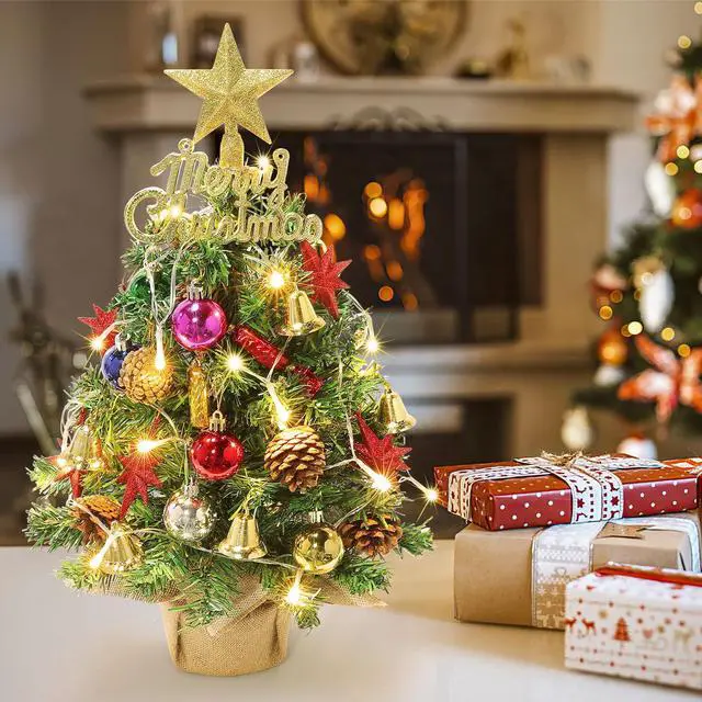 Alt view image 5 of 7 - Tabletop Christmas Tree 21.65 Inch Mini Artificial Christmas Tree with 20 LED String Lights, Star Tree, Pine Cones Ornaments, Small Xmas Tree for Holiday Indoor DIY Christmas Decor