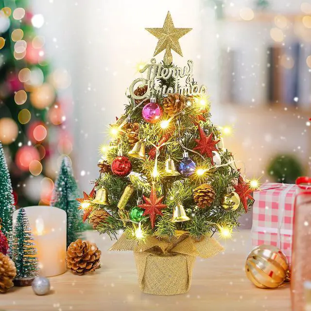 Alt view image 6 of 7 - Tabletop Christmas Tree 21.65 Inch Mini Artificial Christmas Tree with 20 LED String Lights, Star Tree, Pine Cones Ornaments, Small Xmas Tree for Holiday Indoor DIY Christmas Decor