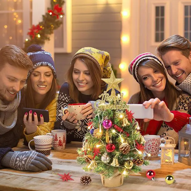 Alt view image 7 of 7 - Tabletop Christmas Tree 21.65 Inch Mini Artificial Christmas Tree with 20 LED String Lights, Star Tree, Pine Cones Ornaments, Small Xmas Tree for Holiday Indoor DIY Christmas Decor
