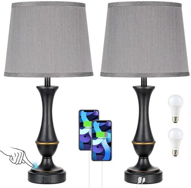 Alt view image 2 of 7 - Upgraded Touch Lamps for Bedrooms Set of 2 - Nightstand Table Lamp with USB C+A, 3 Way Dimmable Lamps for Living Room(Grey)