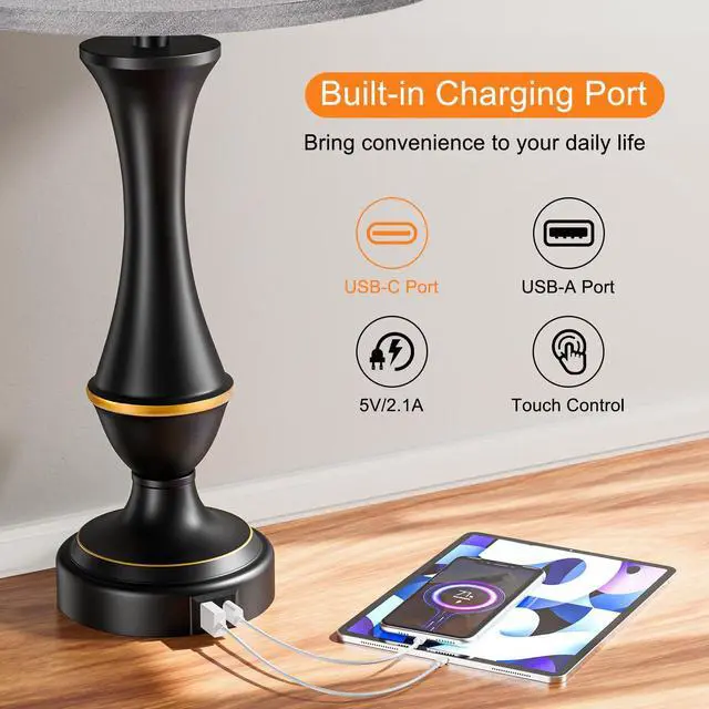 Alt view image 4 of 7 - Upgraded Touch Lamps for Bedrooms Set of 2 - Nightstand Table Lamp with USB C+A, 3 Way Dimmable Lamps for Living Room(Grey)