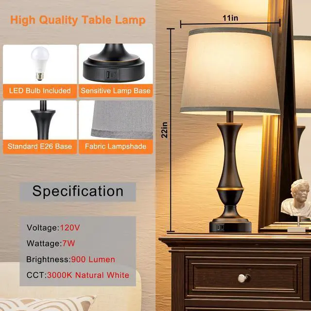 Alt view image 7 of 7 - Upgraded Touch Lamps for Bedrooms Set of 2 - Nightstand Table Lamp with USB C+A, 3 Way Dimmable Lamps for Living Room(Grey)