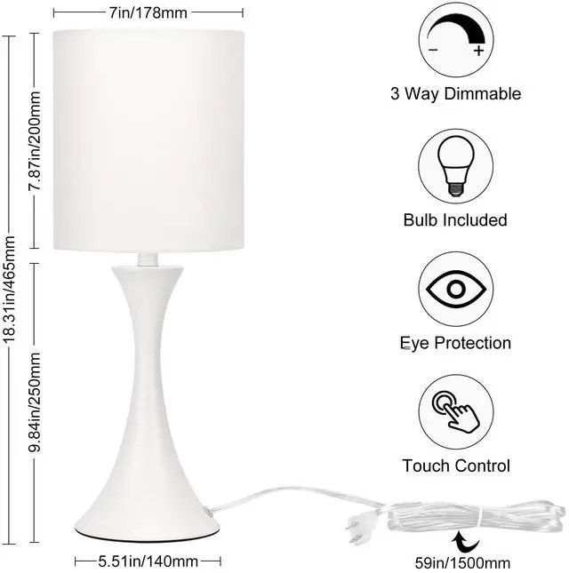 Alt view image 2 of 7 - Modern Table Lamps, 3 Way Touch Control Table Lamp, Dimmable Desk Lamp, White Nightstand Lamp with Fabric Shade, Small Bedside Lamp for Living Room, Dorm,Home Office, LED Bulb Included