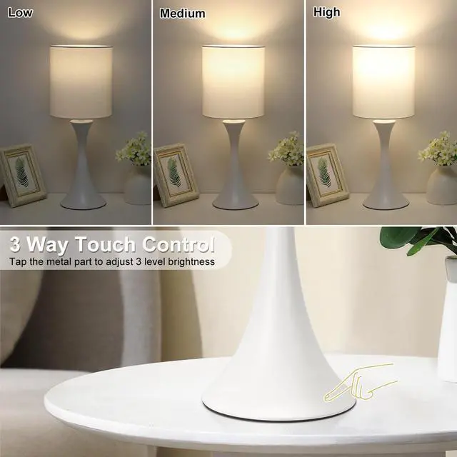 Alt view image 3 of 7 - Modern Table Lamps, 3 Way Touch Control Table Lamp, Dimmable Desk Lamp, White Nightstand Lamp with Fabric Shade, Small Bedside Lamp for Living Room, Dorm,Home Office, LED Bulb Included
