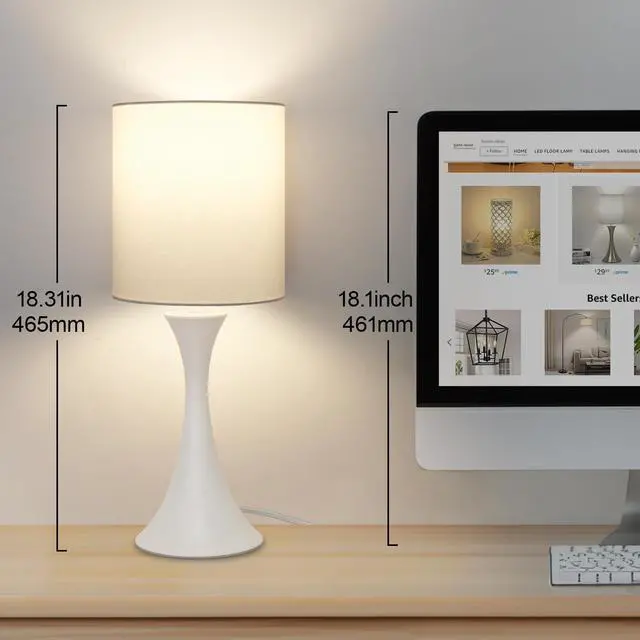 Alt view image 4 of 7 - Modern Table Lamps, 3 Way Touch Control Table Lamp, Dimmable Desk Lamp, White Nightstand Lamp with Fabric Shade, Small Bedside Lamp for Living Room, Dorm,Home Office, LED Bulb Included