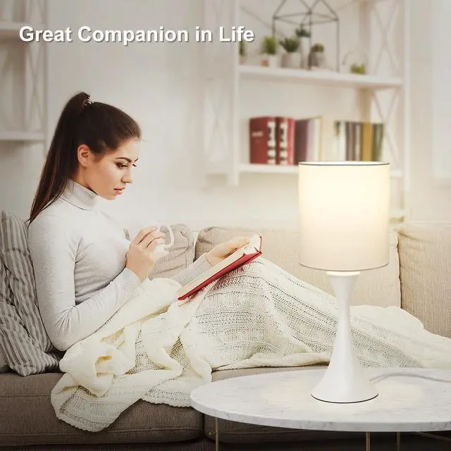 Alt view image 5 of 7 - Modern Table Lamps, 3 Way Touch Control Table Lamp, Dimmable Desk Lamp, White Nightstand Lamp with Fabric Shade, Small Bedside Lamp for Living Room, Dorm,Home Office, LED Bulb Included