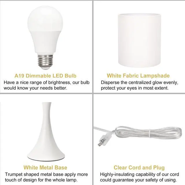 Alt view image 7 of 7 - Modern Table Lamps, 3 Way Touch Control Table Lamp, Dimmable Desk Lamp, White Nightstand Lamp with Fabric Shade, Small Bedside Lamp for Living Room, Dorm,Home Office, LED Bulb Included