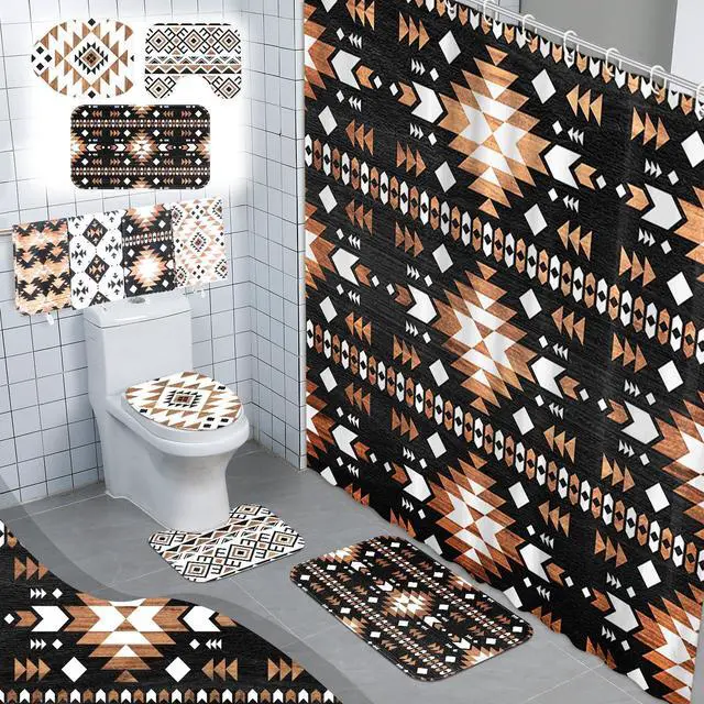 Main image of FuWeave 8 Pcs Western Aztec Shower Curtain Set Geometric Vintage Bathroom Decor Boho Abstract Pattern Waterproof Shower Curtain Aztec Towels Non Slip Rug Toilet Lid Cover Bath Mat with 12 Hooks