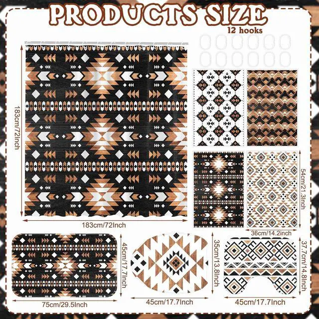 Alt view image 2 of 7 - FuWeave 8 Pcs Western Aztec Shower Curtain Set Geometric Vintage Bathroom Decor Boho Abstract Pattern Waterproof Shower Curtain Aztec Towels Non Slip Rug Toilet Lid Cover Bath Mat with 12 Hooks